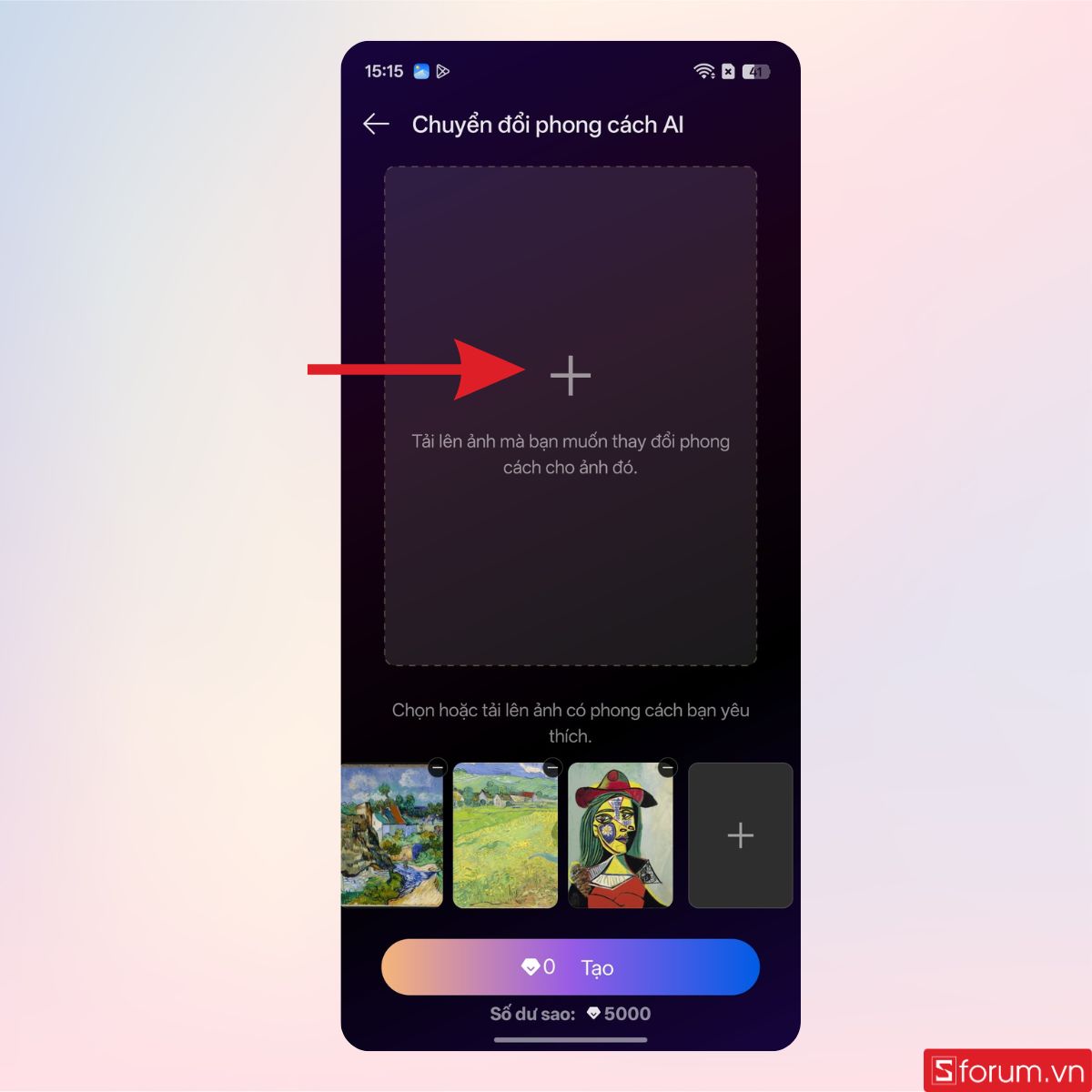 Nhấn dấu + để tải ảnh muốn chuyển đổi phong cách AI