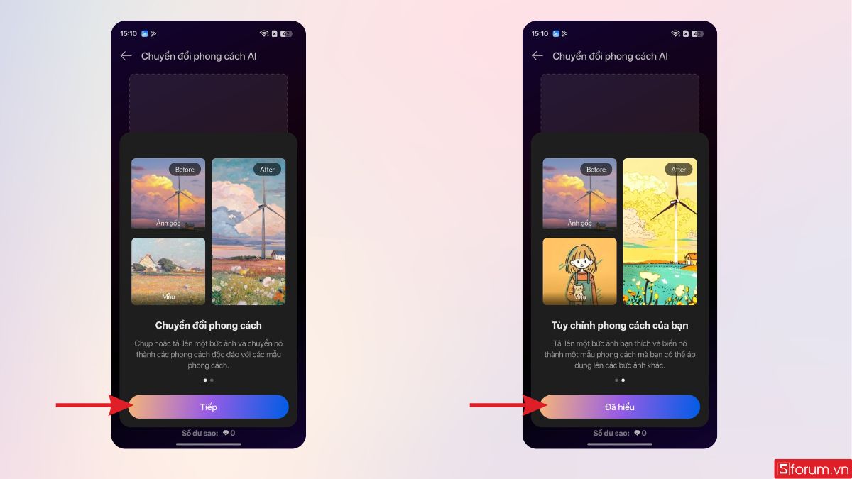 Nhấn mục tiếp tục để bắt đầu chuyển đổi phong cách AI