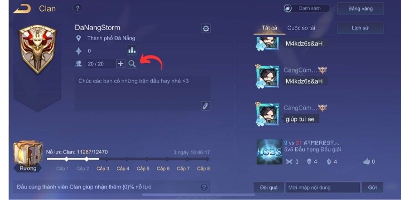 Nhấn vào biểu tượng kính lúp để rời Clan