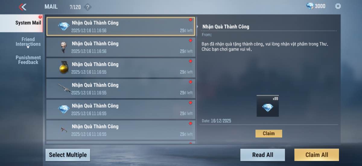 Nhận quà trong hộp thư ingame