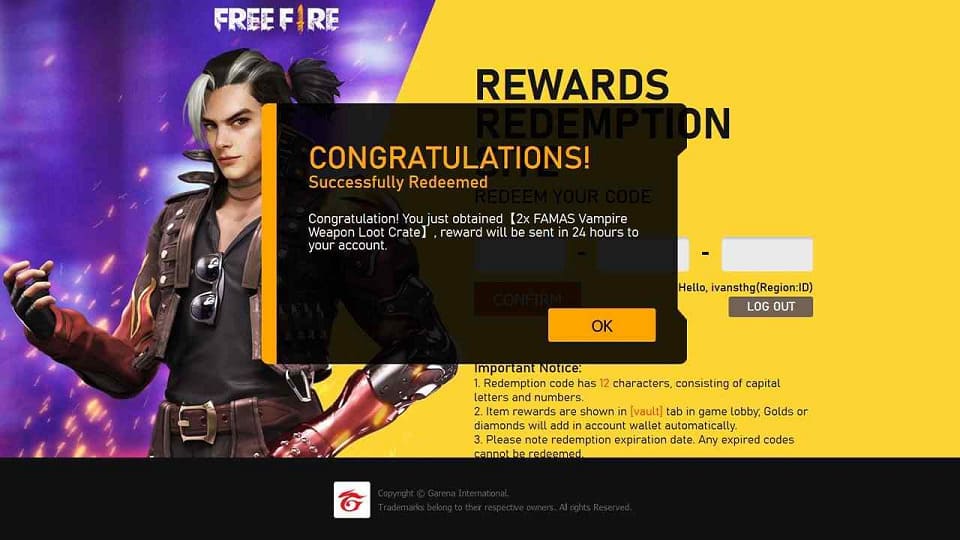 Hoàn tất nhập code Free Fire thành công