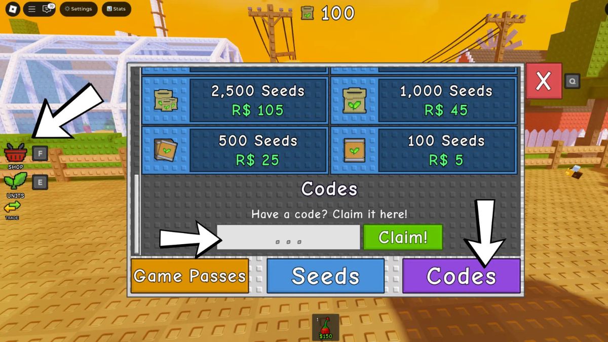 Nhấn vào mục Codes và nhấn Claim để nhận thưởng