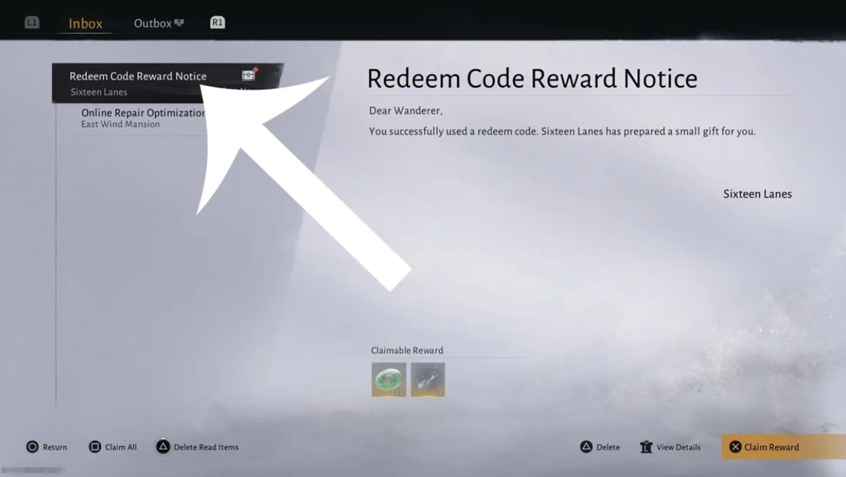 Nhận thưởng qua thư sau khi nhập code thành công