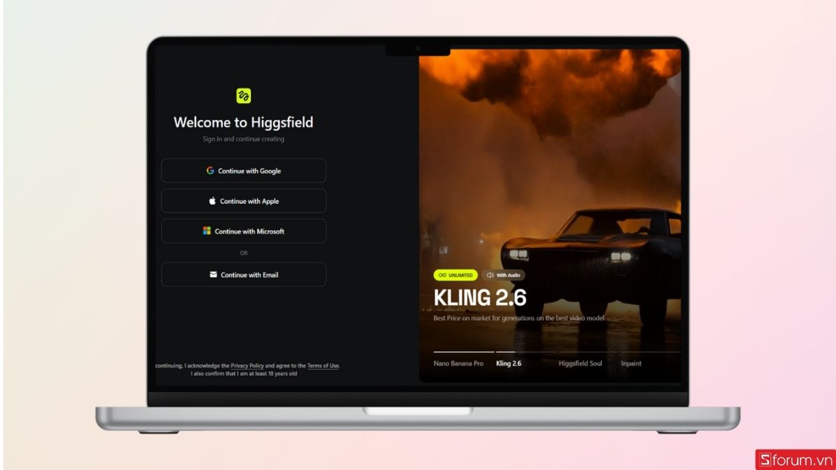 Đăng nhập tài khoản vào Higgsfield