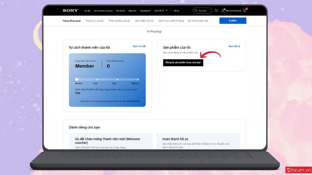 Nhấn vào Đăng ký sản phẩm Sony của bạn