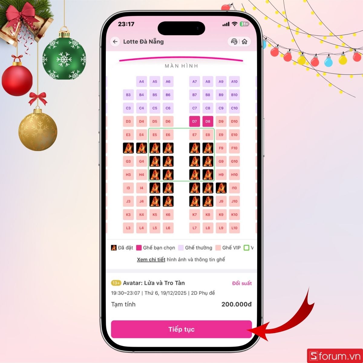 Chọn chỗ ngồi và nhấn Tiếp tục