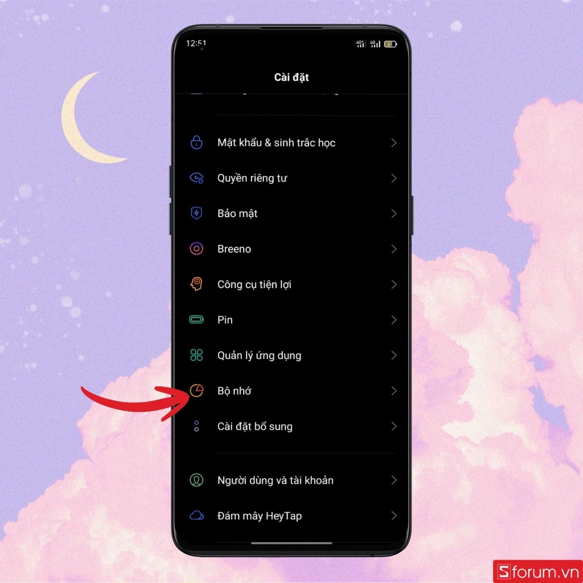 Chọn Bộ nhớ trong Cài đặt