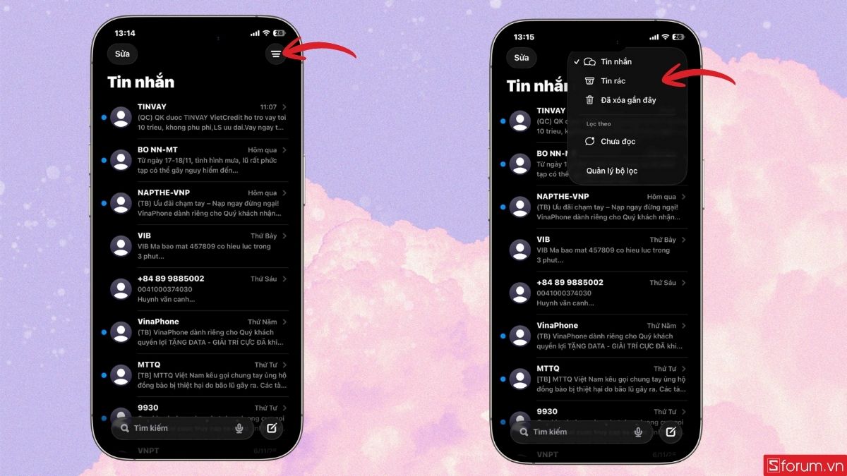 Xem tin rác trong ứng dụng tin nhắn