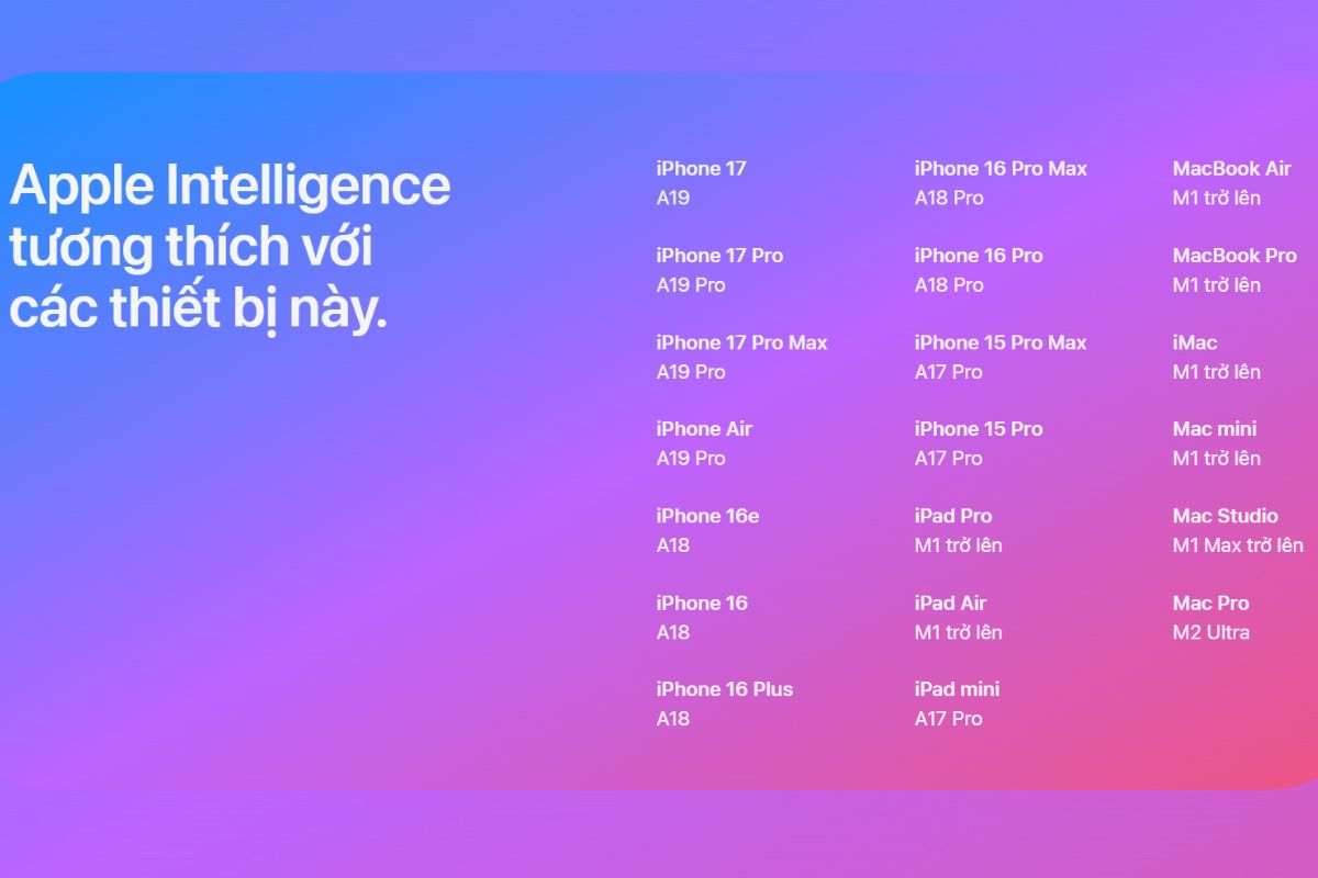 Các thiết bị tương thích với Apple Intelligence