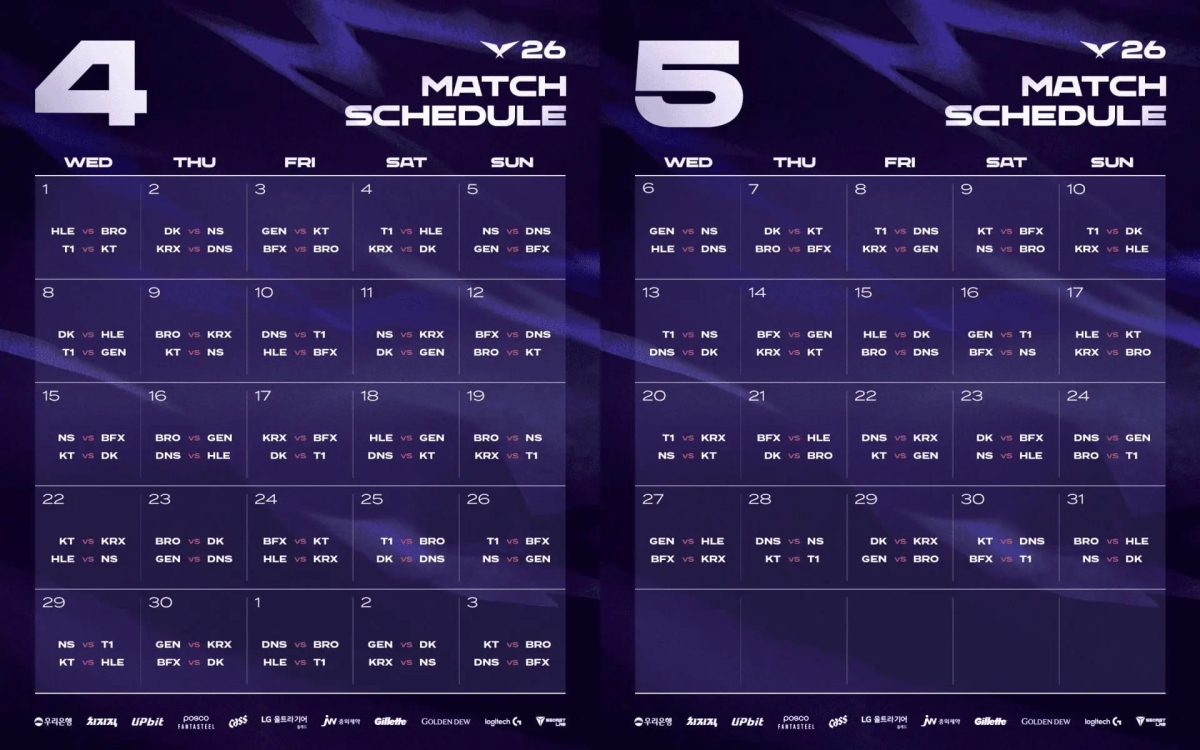 Lịch thi đấu đầy đủ vòng 1 và 2 của LCK 2026