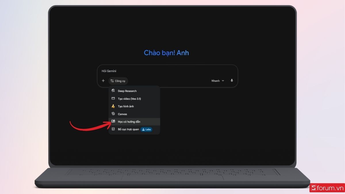 Vào mục Công cụ để chọn Học có hướng dẫn