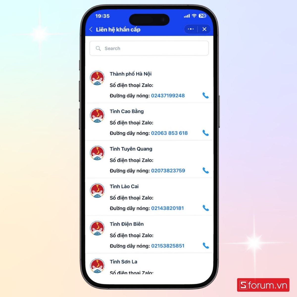 Phần liên hệ khẩn cấp cung cấp các số đường dây nóng cụ thể