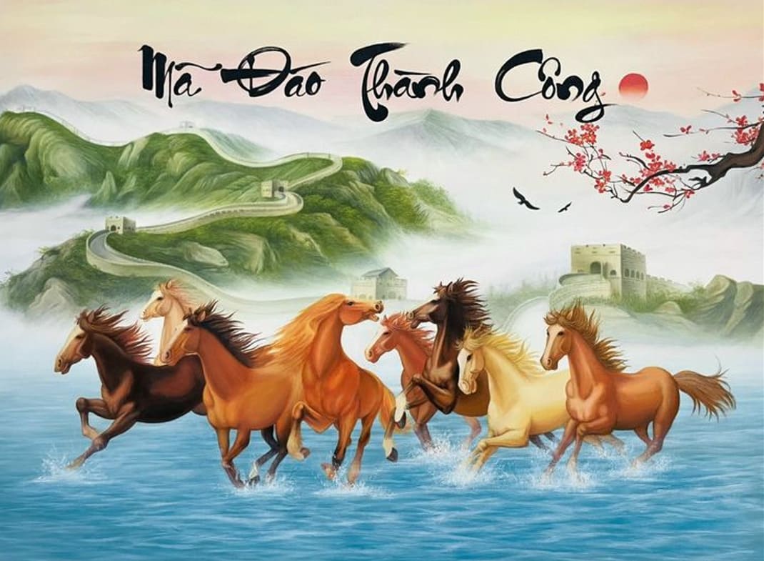 Hình nền mã đáo thành công kết hợp thư pháp