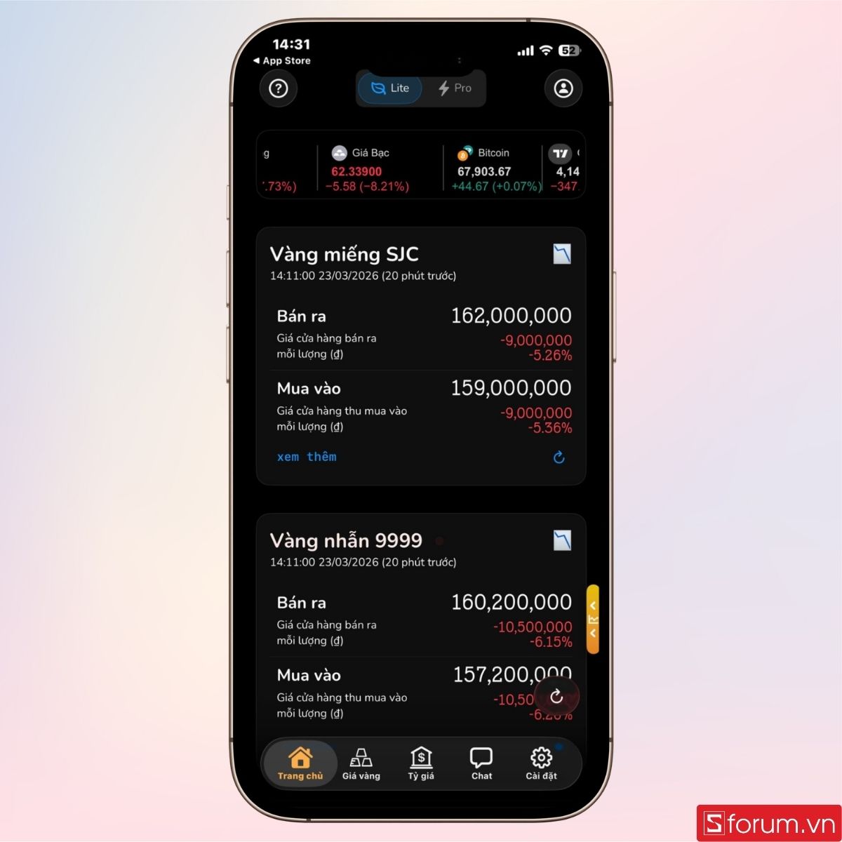 Thông tin giá vàng sẽ được hiển thị ở trang chủ