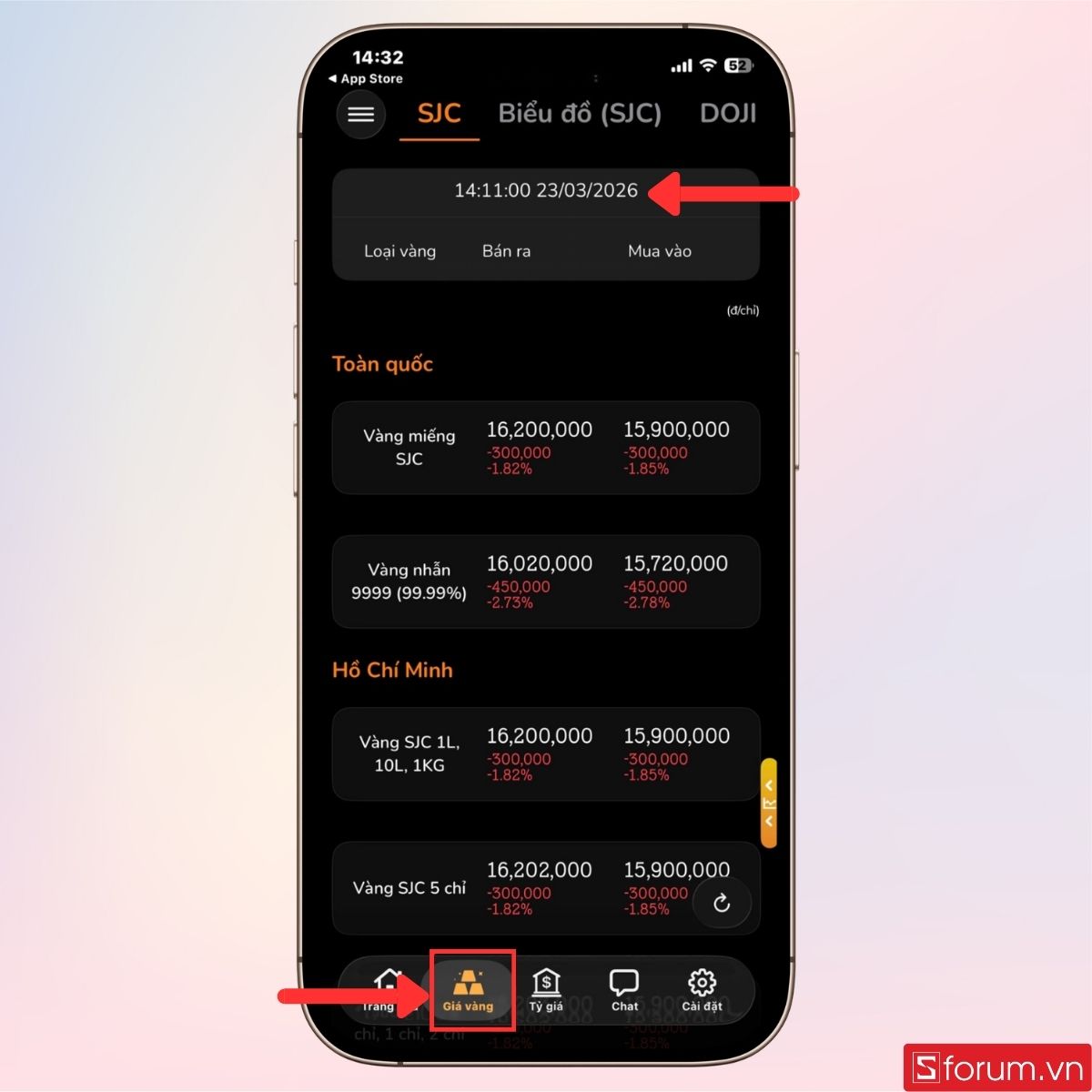 Nhấn vào Giá Vàng để xem thông tin giá theo thời gian thực