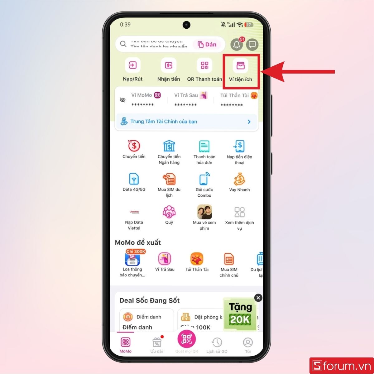 Nhấn vào mục Ví tiện ích