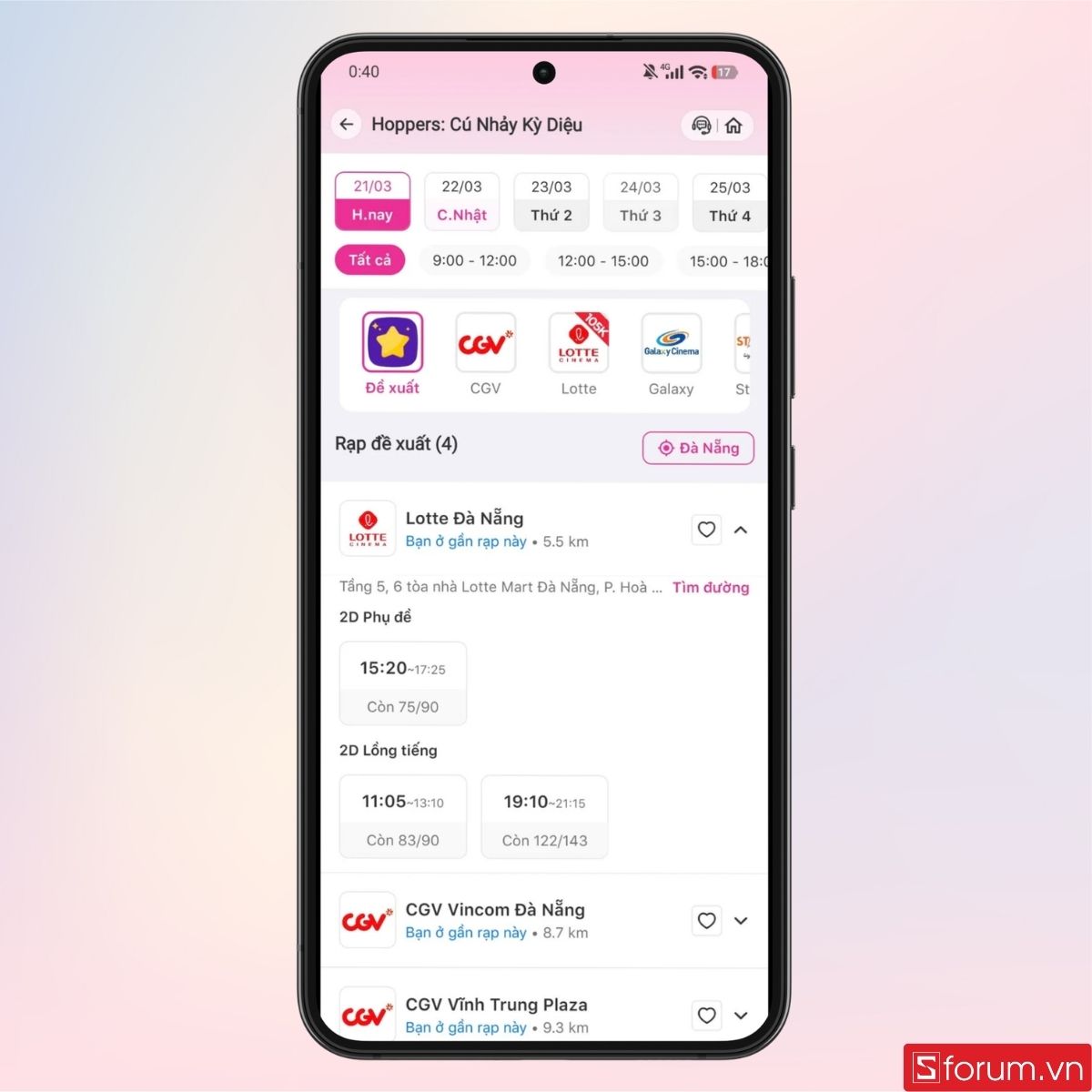 Lựa chọn ngày xem phim và cụm rạp bạn muốn xem