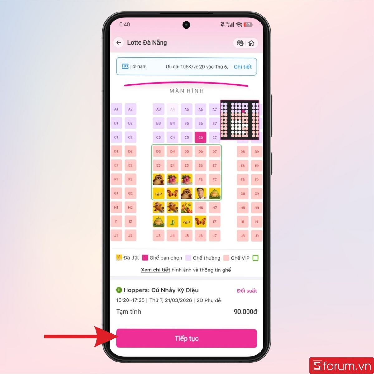 Chọn một vị trí ngồi và nhấn tiếp tục