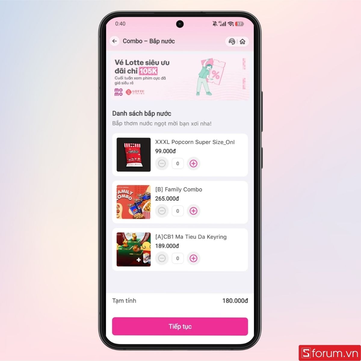 Đặt thêm combo bắp nước nếu muốn