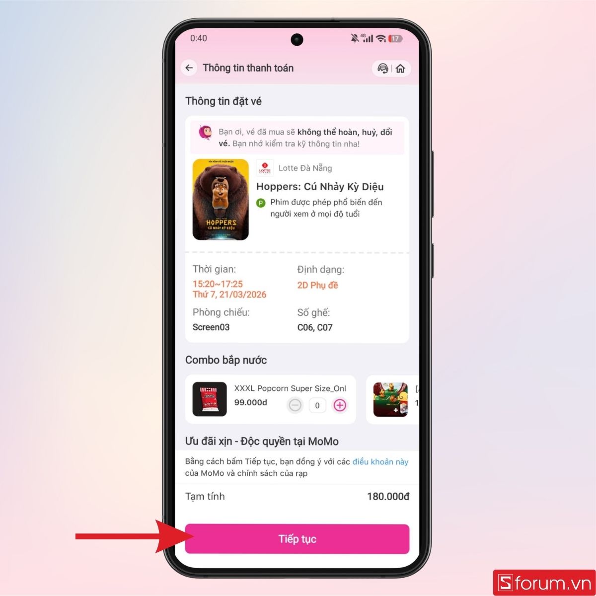Xác nhận lại thời gian và vị trí ngồi trước khi thanh toán