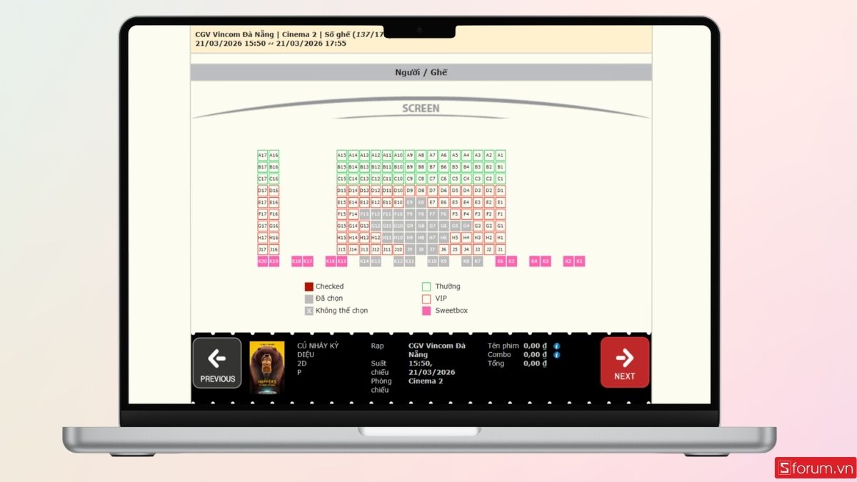 Sơ đồ rạp sẽ hiển thị như hình