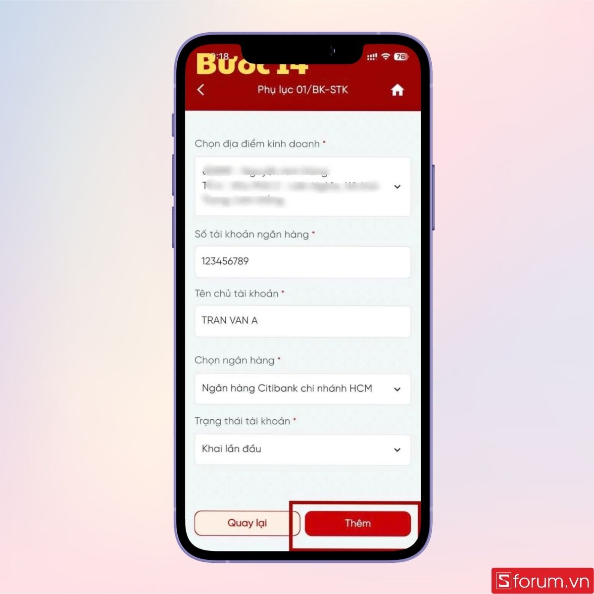 Điền đầy đủ thông tin STK của bạn