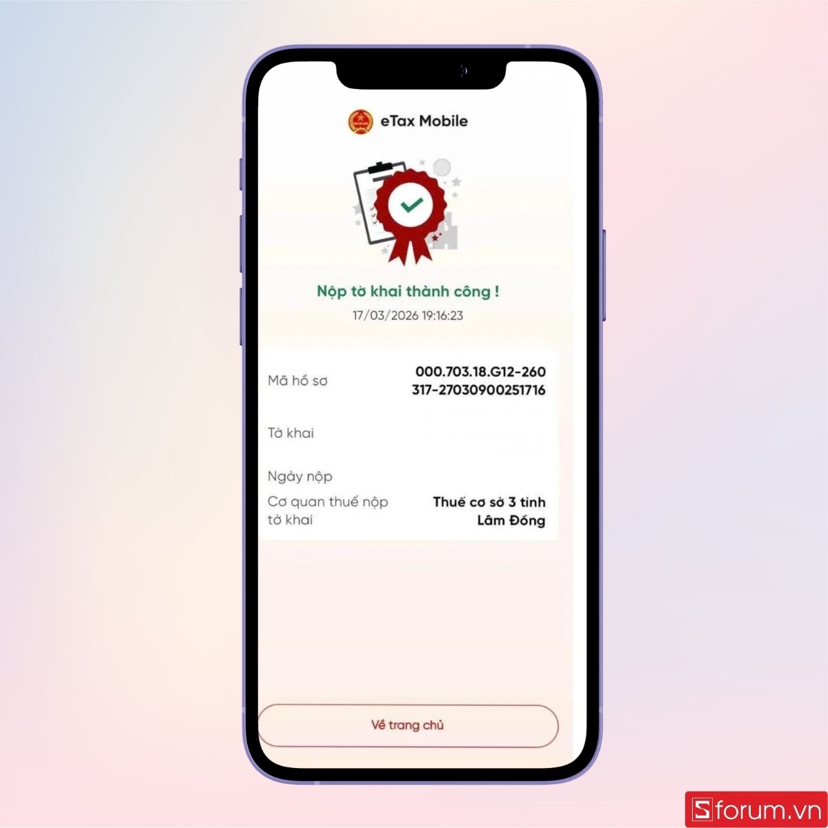 Thông báo nộp tờ khai thành công
