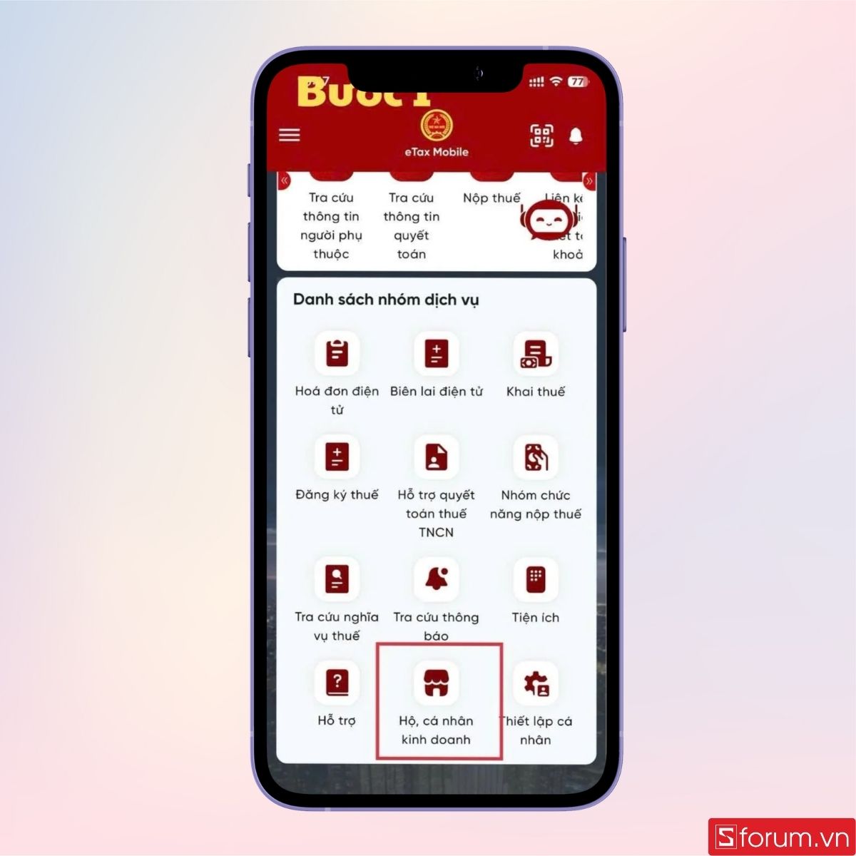 Chọn mục Khai thuế trên giao diện chính