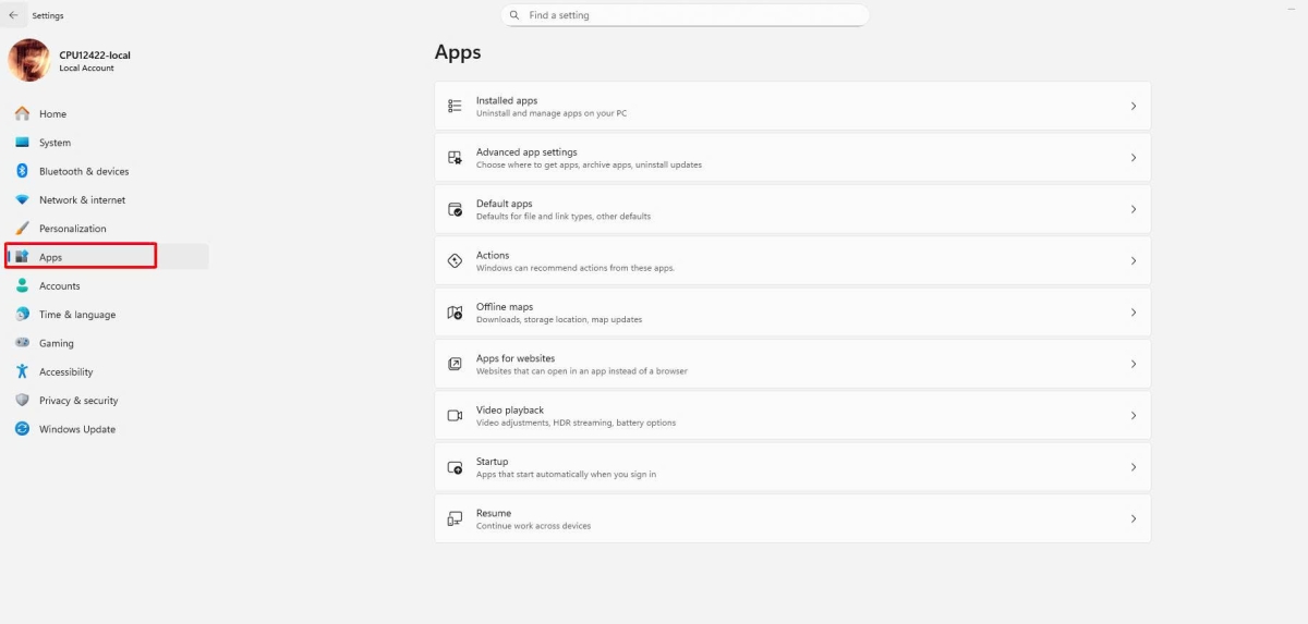 Mở mục Apps trên phần Cài đặt ở máy tính