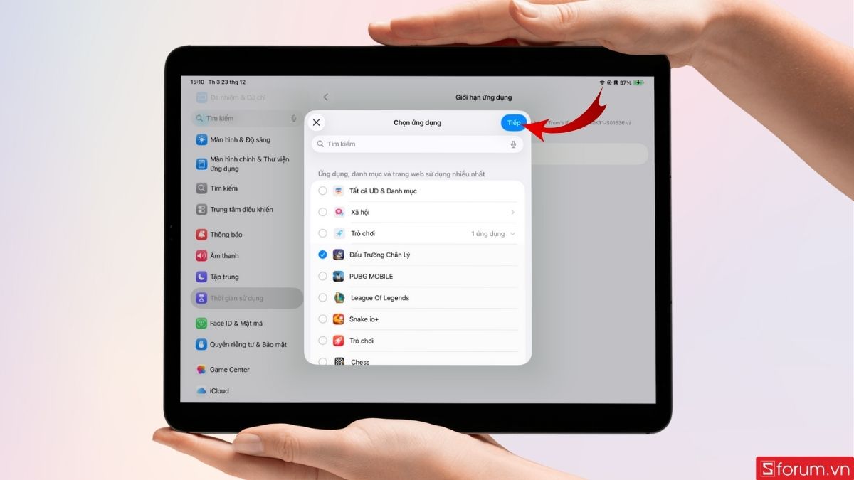 Chọn ứng dụng muốn thêm giới hạn