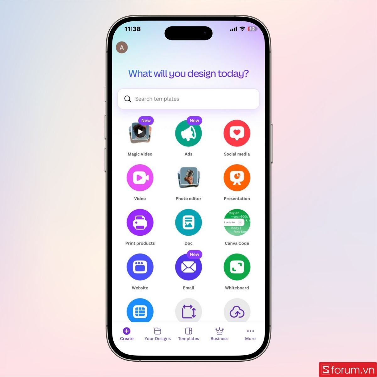 Giao diện chính của Canva trên điện thoại
