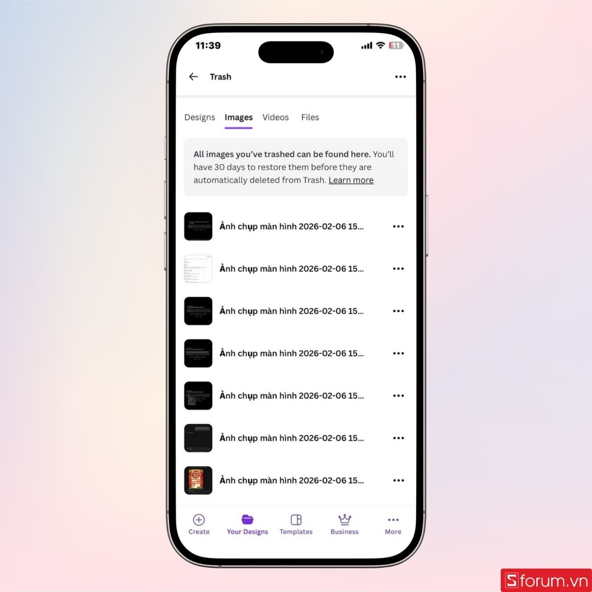 Các thiết kế bị xóa sẽ hiển thị đầy đủ