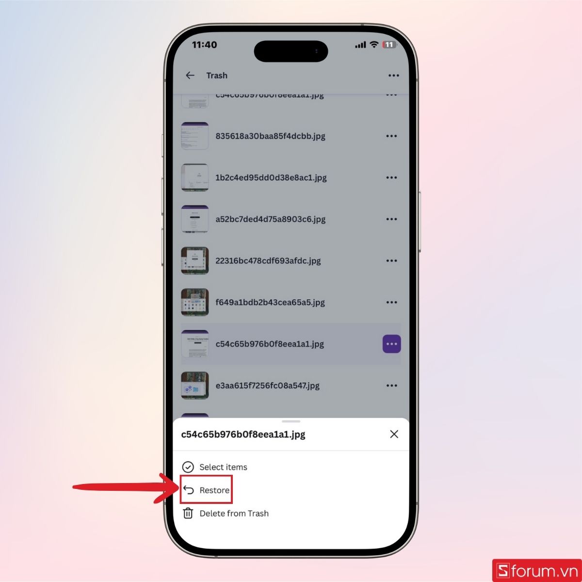Chọn mục Restore để khôi phục thiết kế đã bị xóa