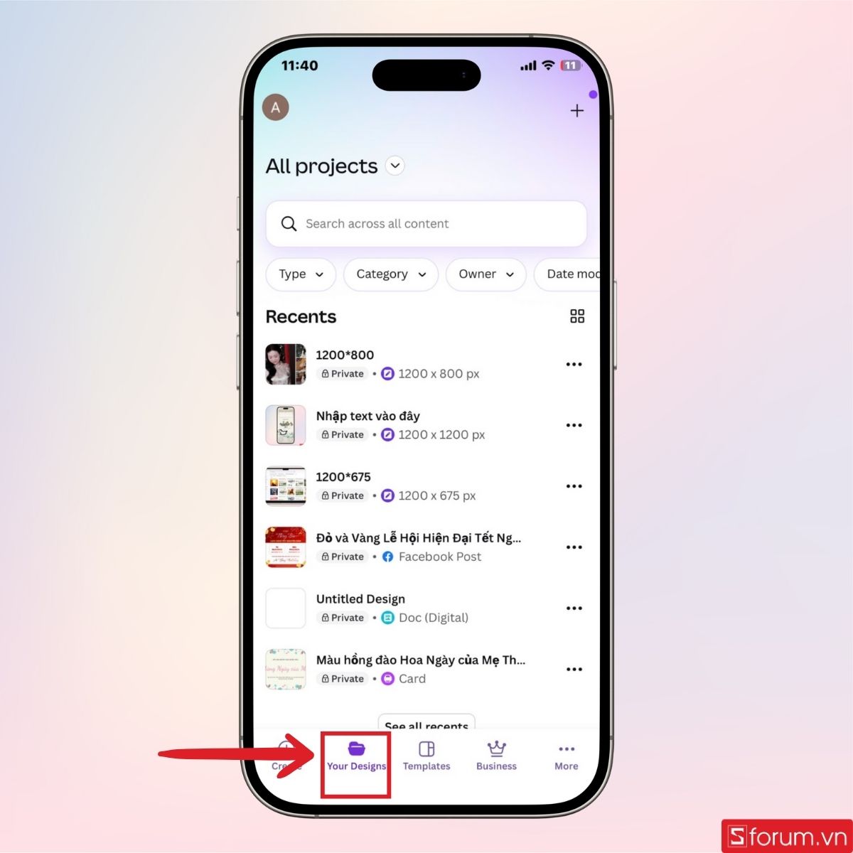 Quay lại mục Dự án của bạn để kiểm tra thiết kế đã khôi phục hay chưa