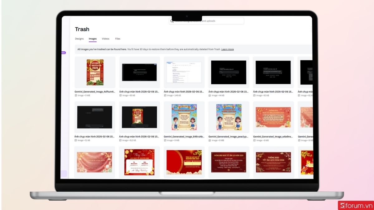 Danh sách các thiết kế bị xóa sẽ được hiển thị