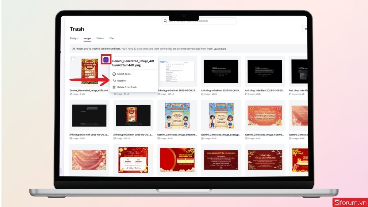 Nhấn vào nút ba chấm và chọn Restore
