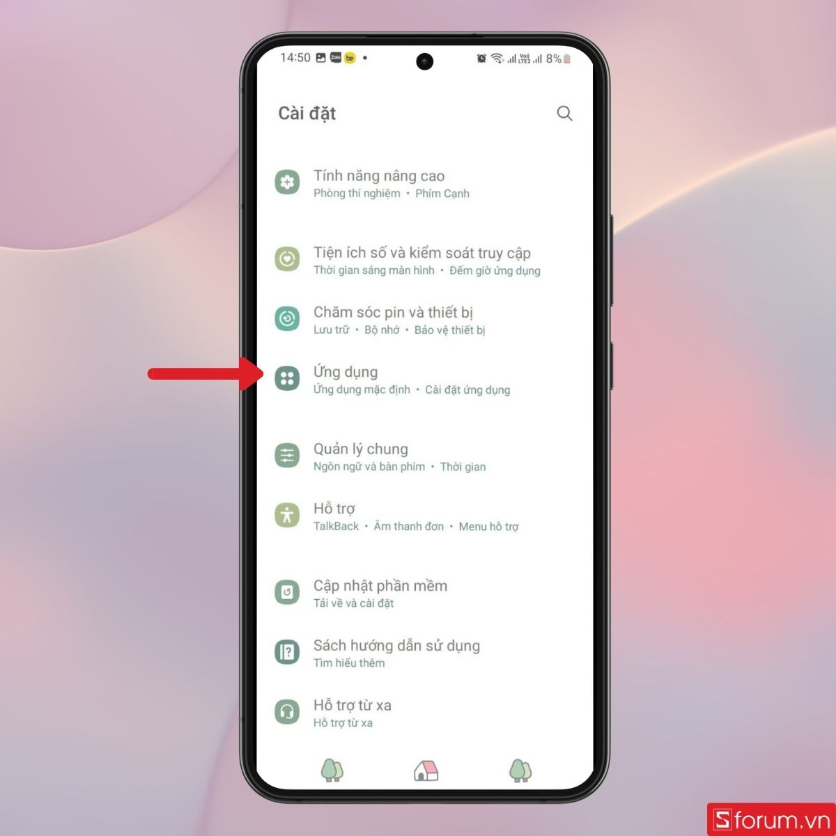 Lướt xuống dưới và chọn mục Ứng dụng