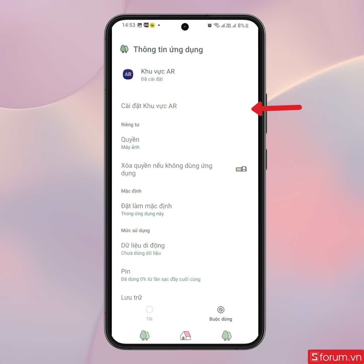 Nhấn vào Cài đặt Khu vực AR