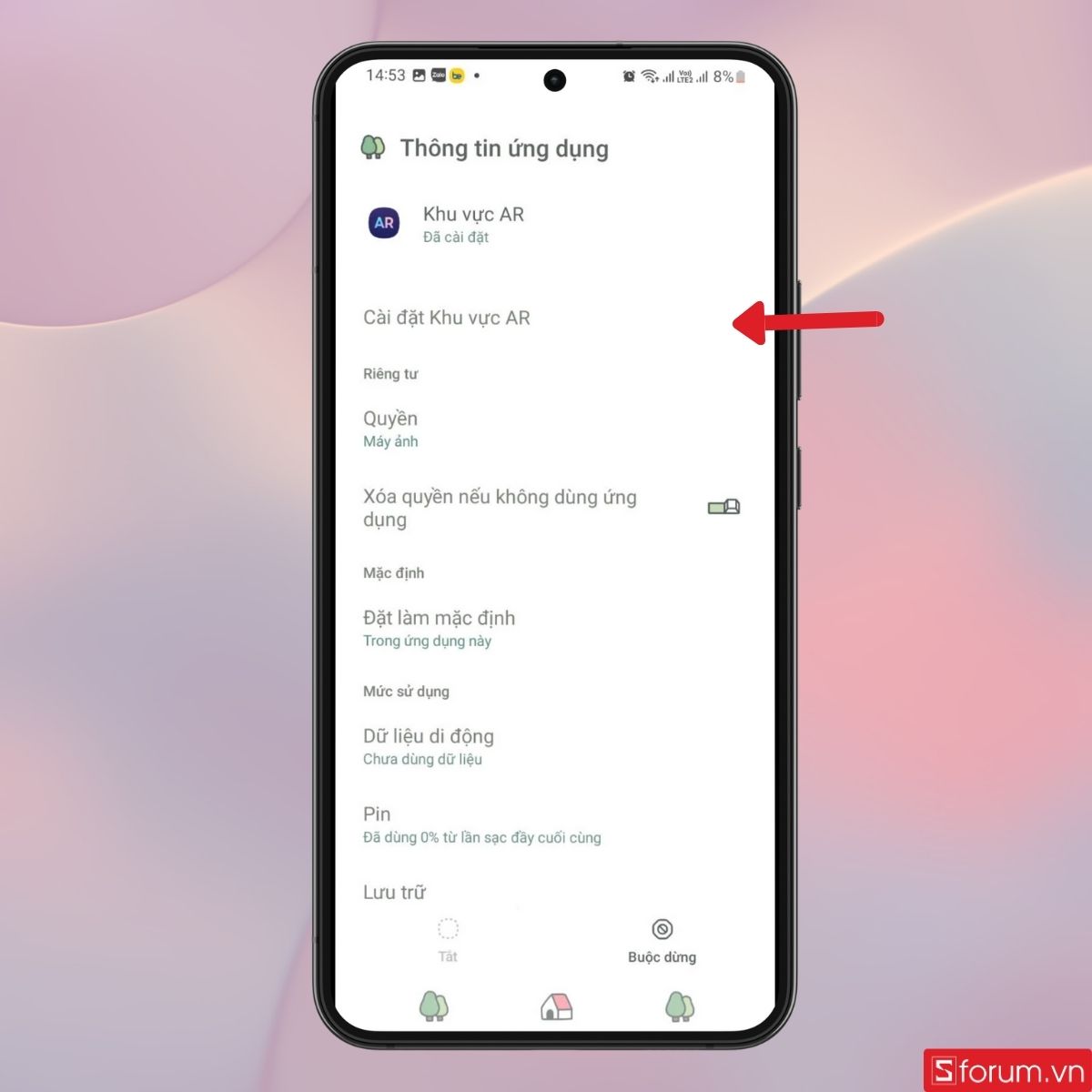 Nhấn vào phần Cài đặt khu vực AR