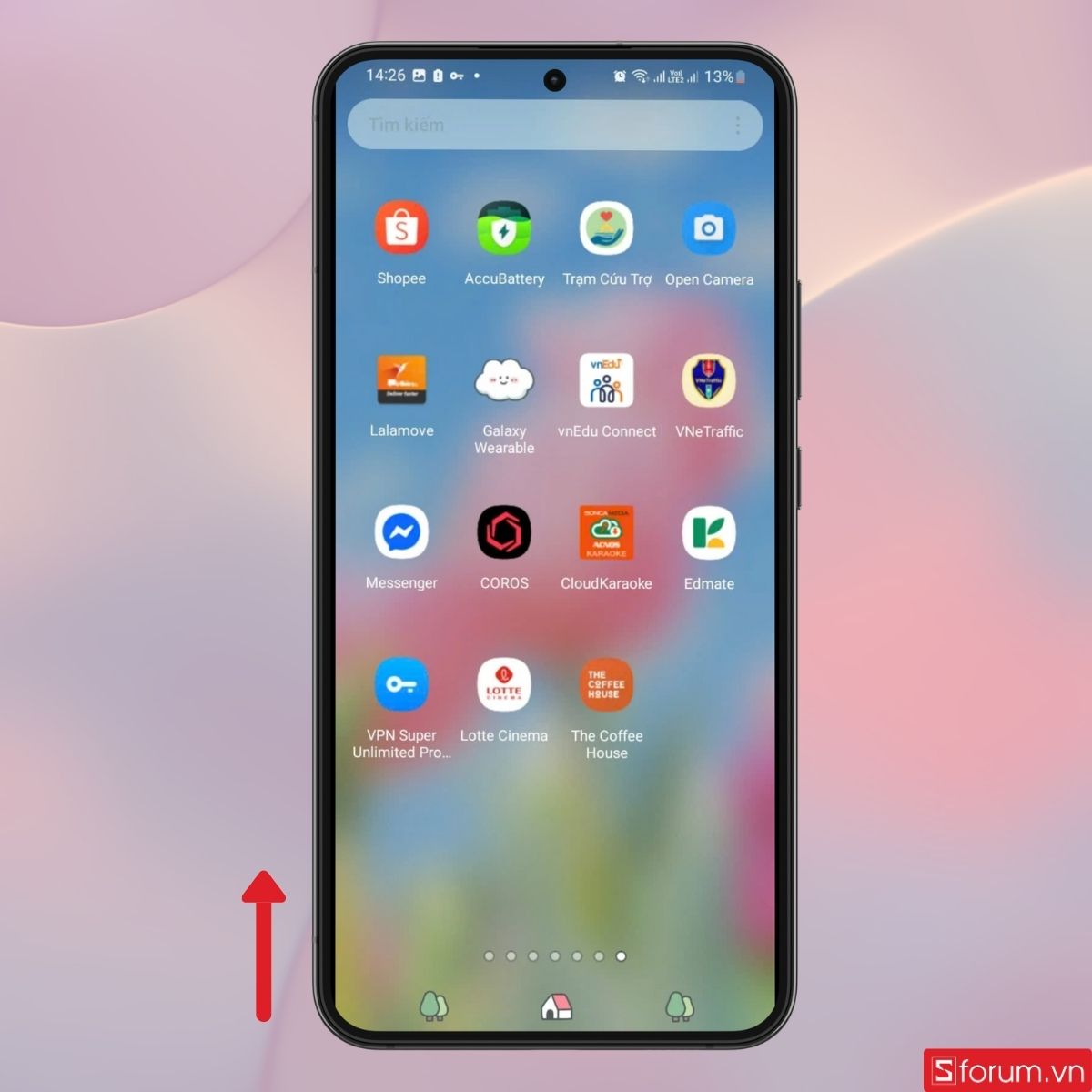 Lướt lên trên để mở danh sách ứng dụng trên điện thoại Samsung