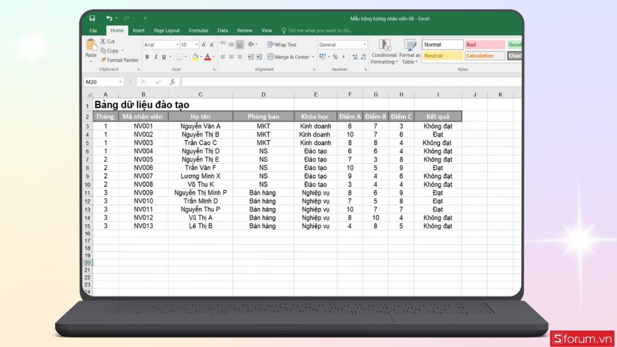 Chuẩn bị một bảng dữ liệu cụ thể