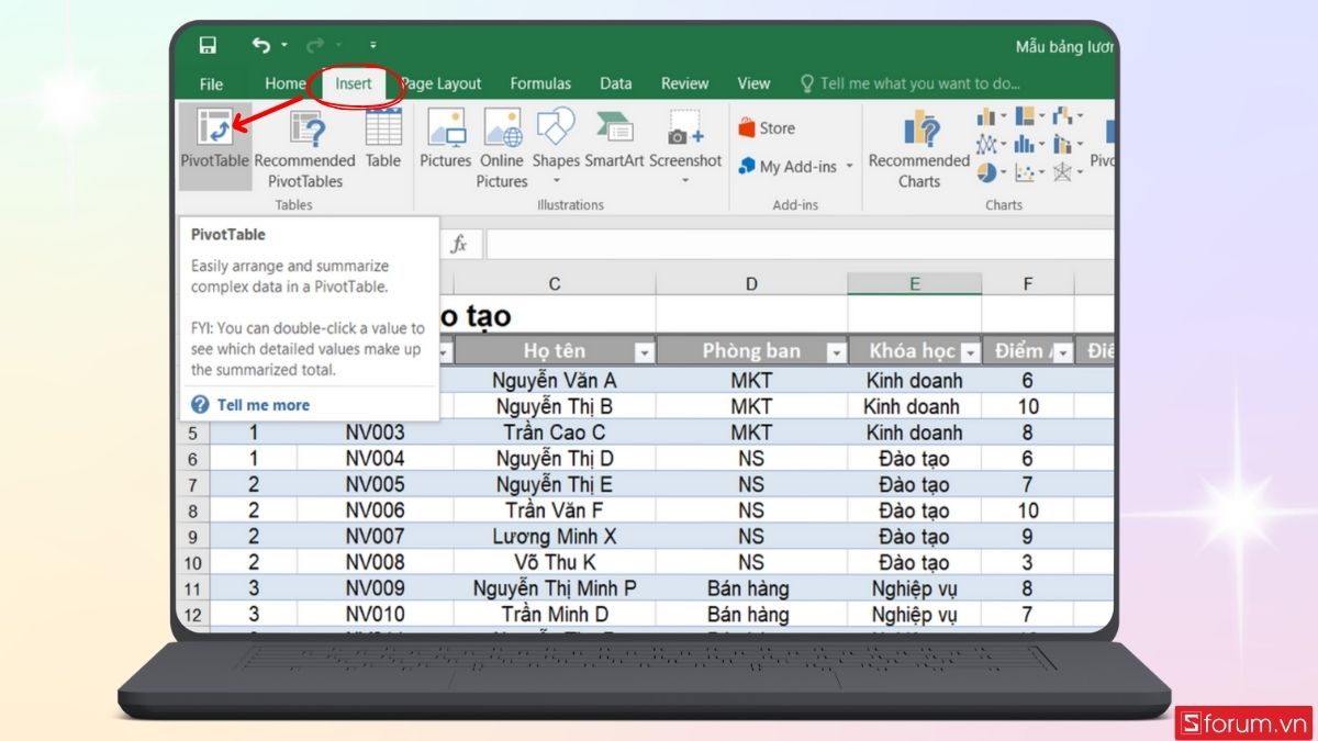 Tạo PivotTable từ bảng dữ liệu trên Excel