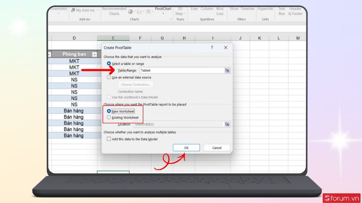 Chọn vị trí đặt PivotTable