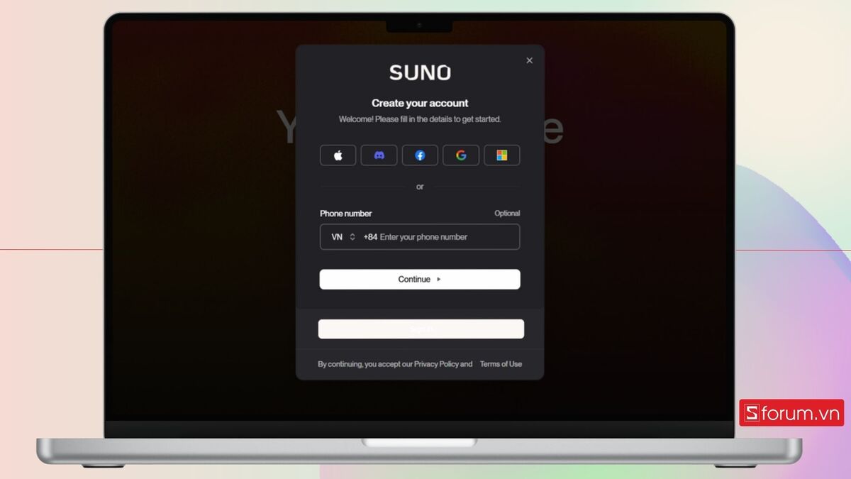 Liên kết tài khoản để đăng nhập vào Suno