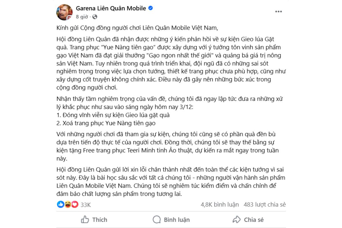 Liên Quân xóa bỏ skin Yue Nàng Tiên Gạo