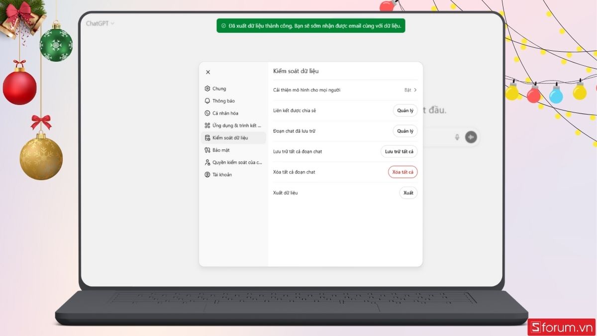 Thông báo xuất dữ liệu thành công