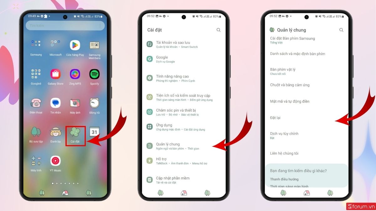 Nhấn chọn mục Đặt lại trong Quản lý chung