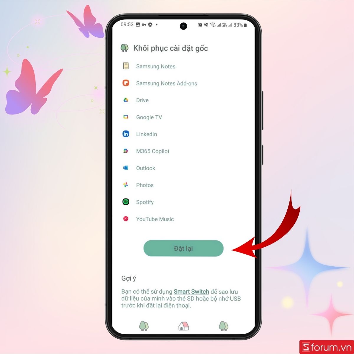 Nhấn Đặt lại để bắt đầu khôi phục cài đặt gốc