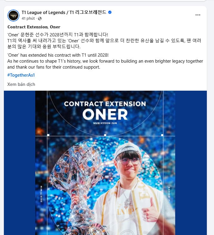 Bài đăng trên trang chính thức của T1