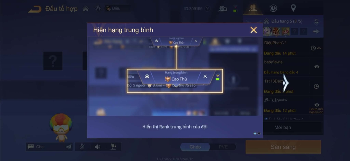 Hiển thị bậc hạng trung bình khi tạo tổ đội